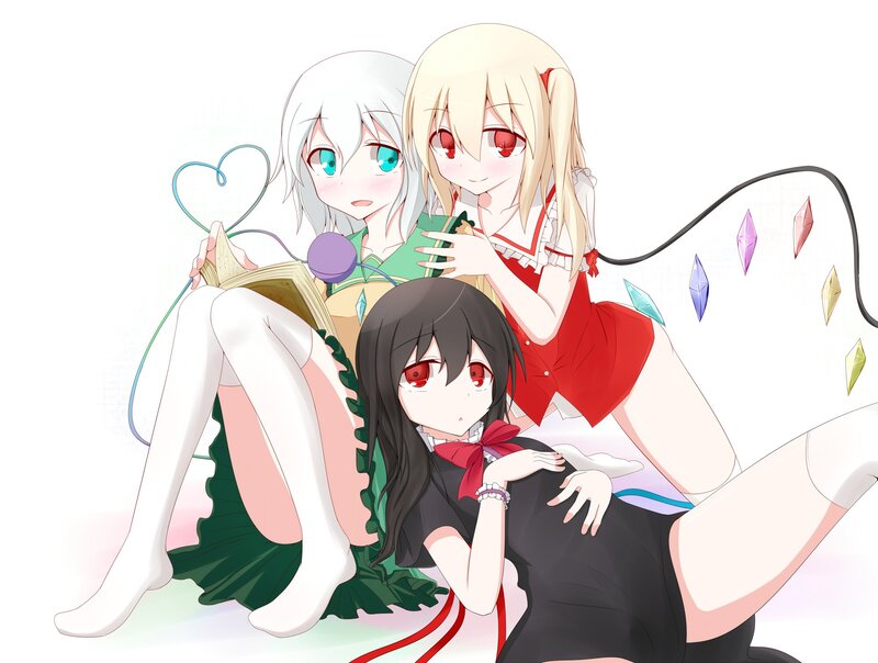 Three Anime Girls — White, Playful, Book, Crystals