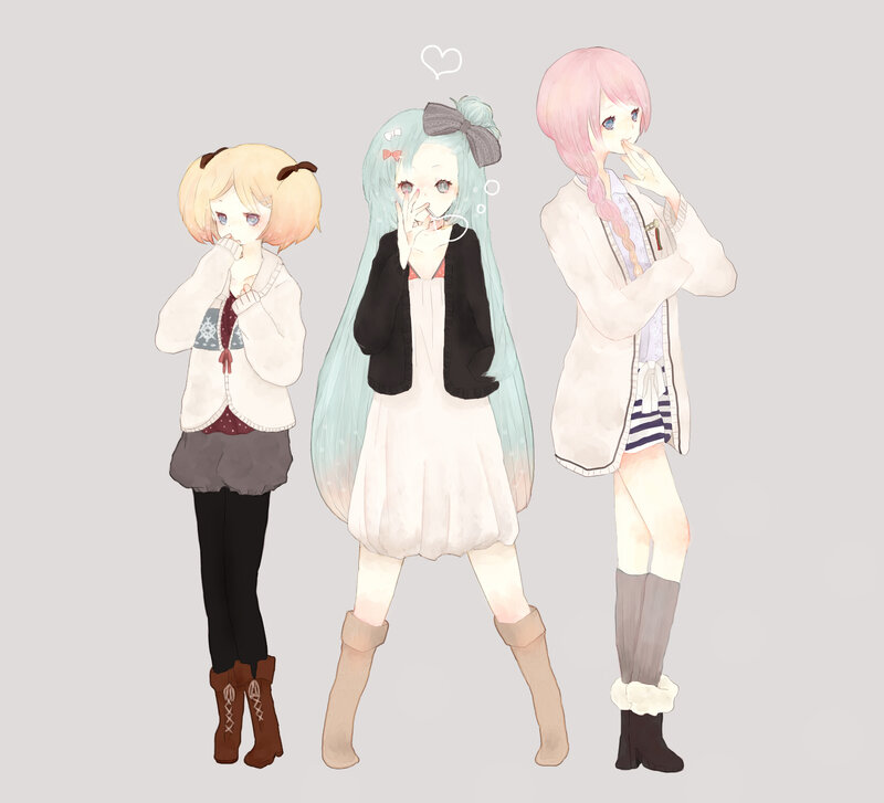 Three Anime Girls — White, Playful, Digital Art