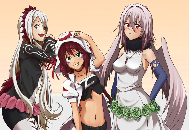 Three Anime Girls — White, Playful, Sunset