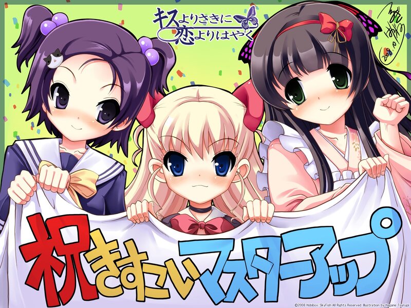 Three anime girls with a banner