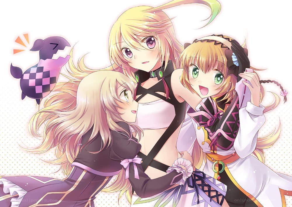Three anime girls with a small creature