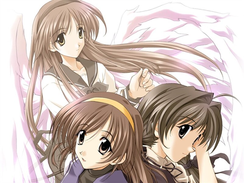 three anime girls with angel wings