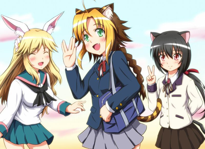 Three Anime Girls with Animal Ears — Blue