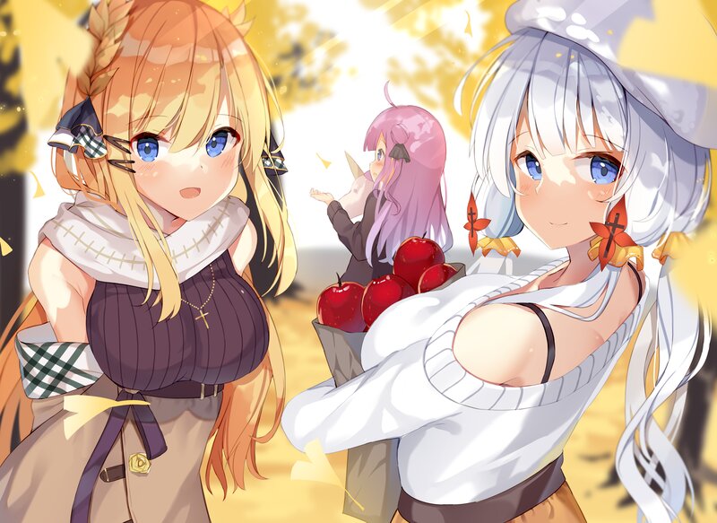 Three Anime Girls with Apples