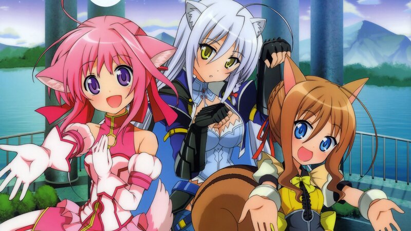 Three Anime Girls with Cat Ears — Pink, Cheerful