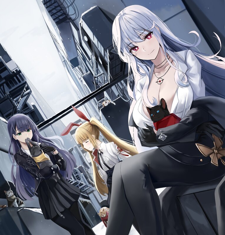 Three Anime Girls with Cats — White