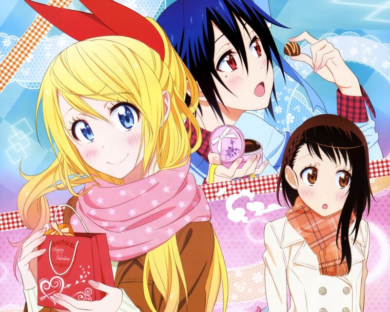 Three Anime Girls with Chocolates — Pink, Cheerful