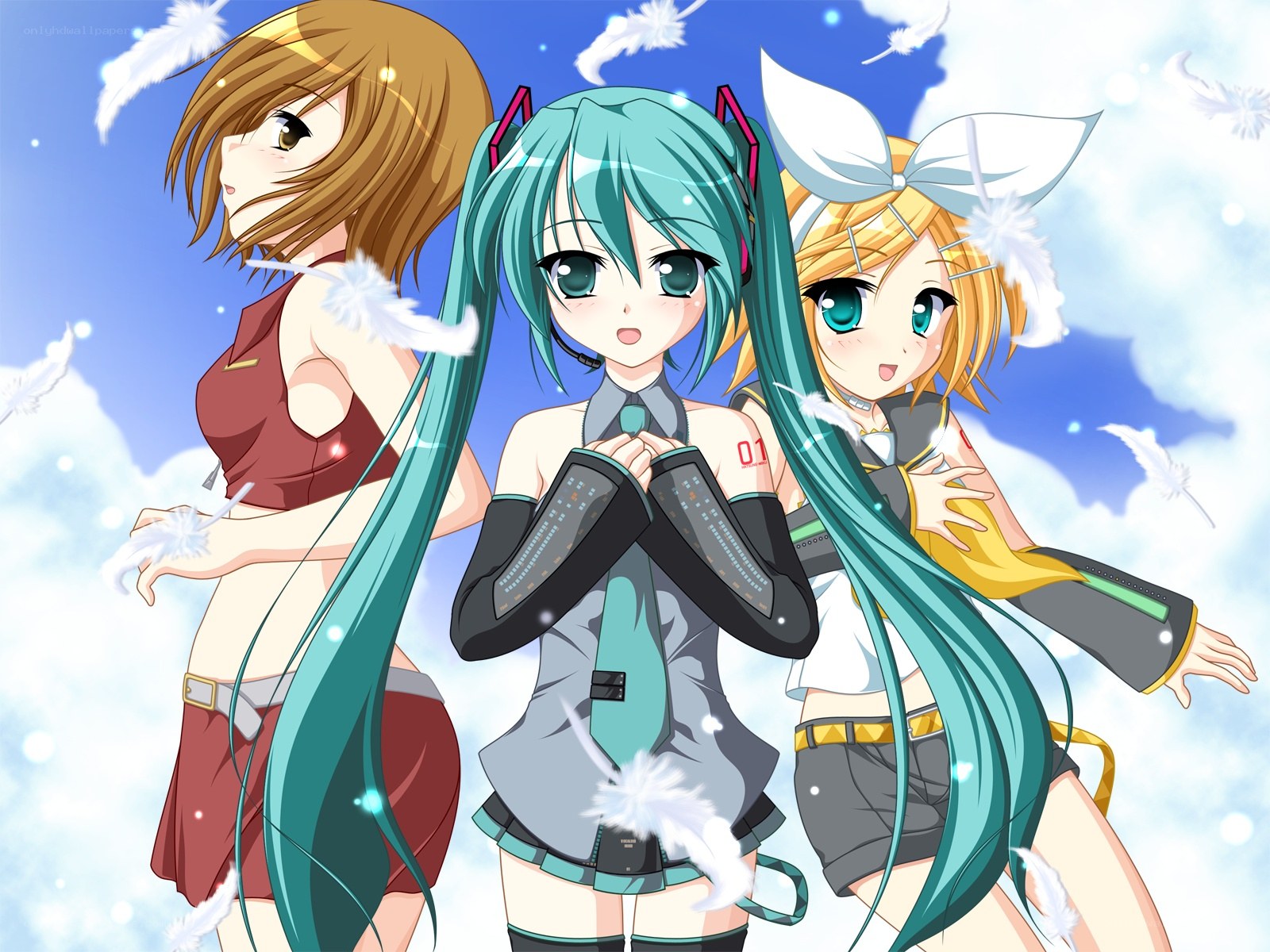 Three anime girls with feathers