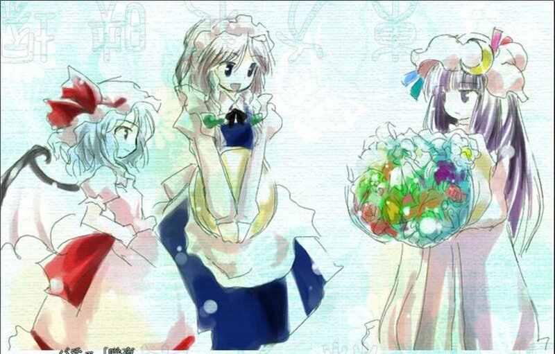 Three anime girls with flowers
