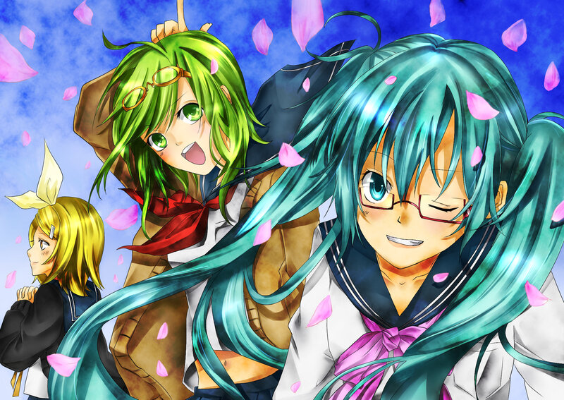 Three Anime Girls with Flowers — Blue