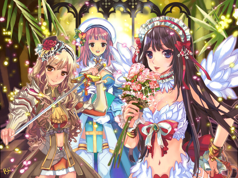 Three Anime Girls with Flowers — White