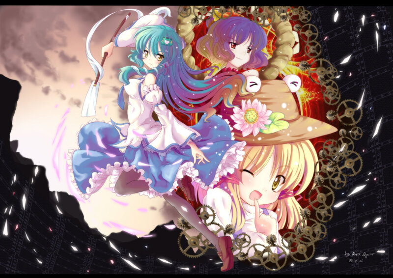 three anime girls with gears