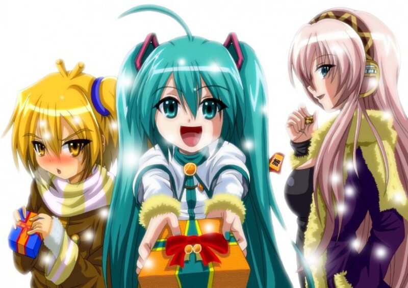 Three Anime Girls with Gifts — Cyan, Festive, Winter