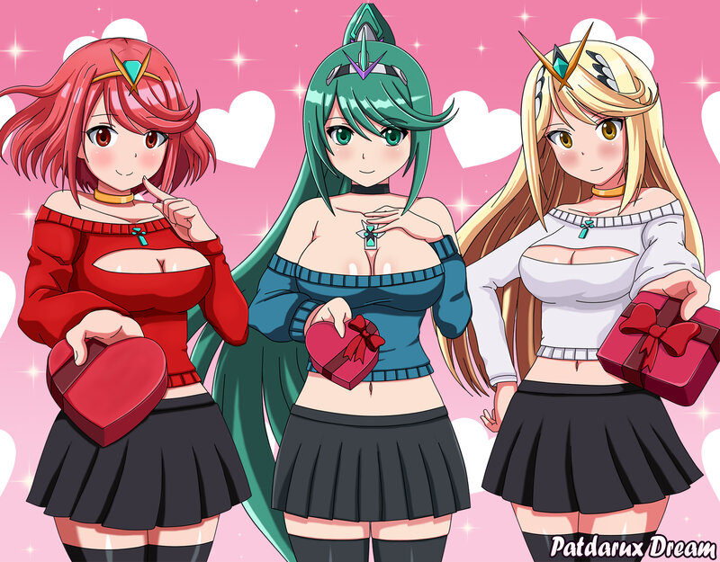 Three Anime Girls with Gifts — Pink, Festive, Hearts