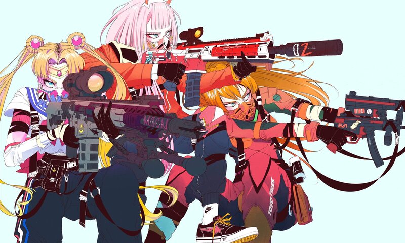 Three Anime Girls with Guns