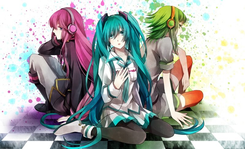 Three anime girls with headphones