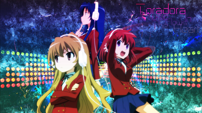 Three Anime Girls with Headphones — Blue