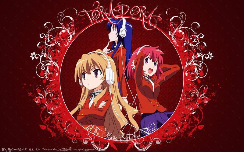 Three Anime Girls with Headphones — Red
