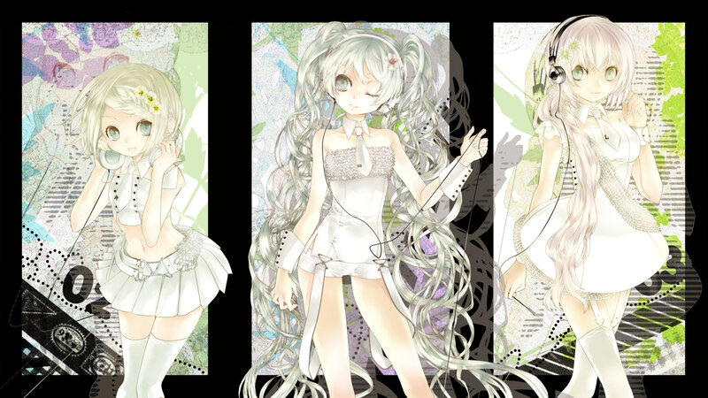 Three Anime Girls with Headphones — White