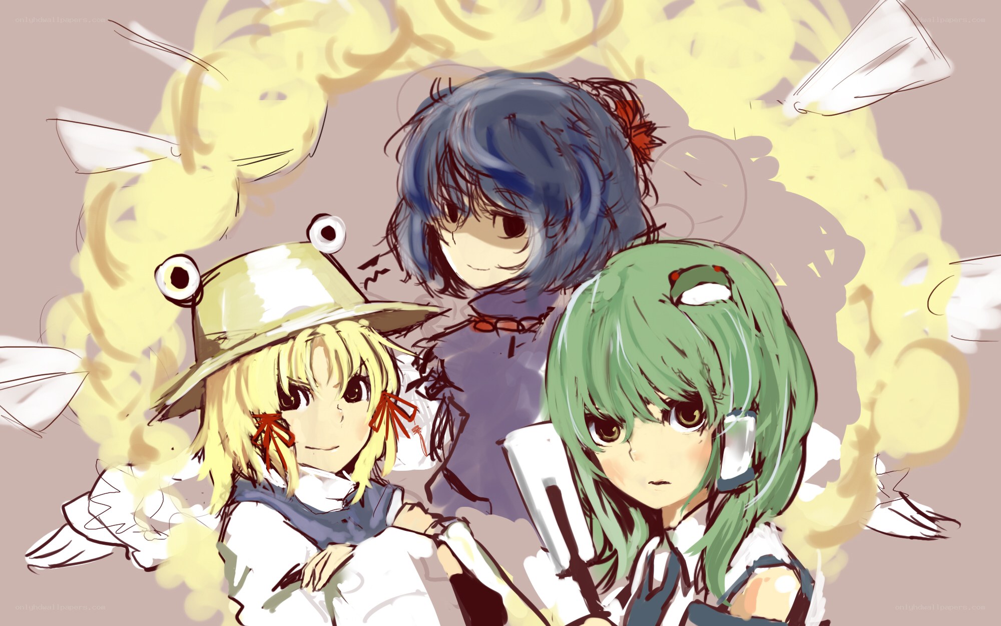 Three anime girls with insects