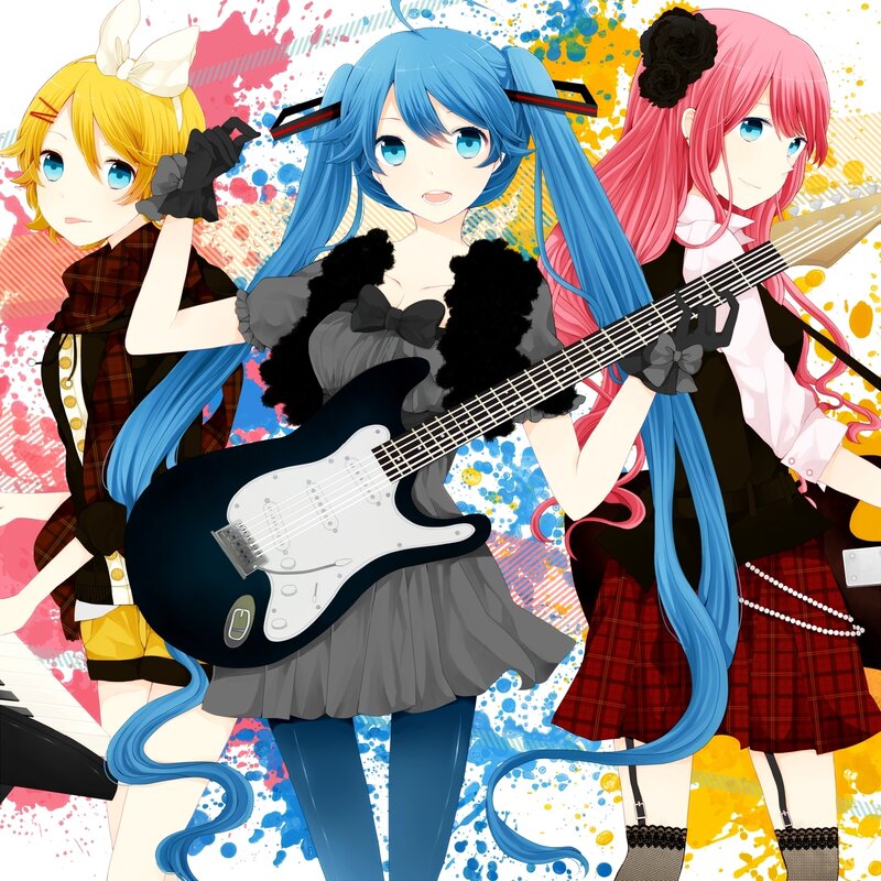 Three Anime Girls with Instruments — Blue, Energetic, Guitar