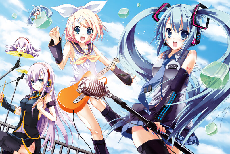 Three Anime Girls with Instruments — Blue, Energetic