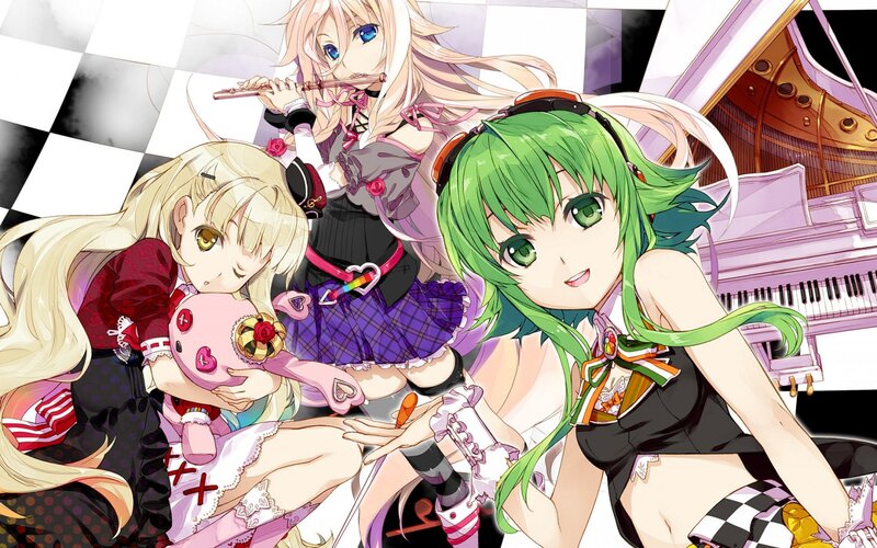 Three Anime Girls with Instruments — Green, Playful
