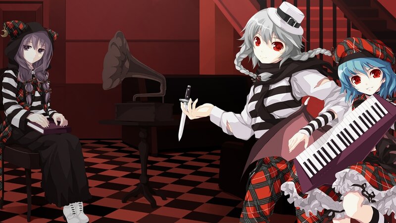 Three anime girls with instruments