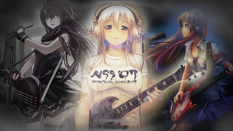 Three Anime Girls with Instruments — White, Dramatic