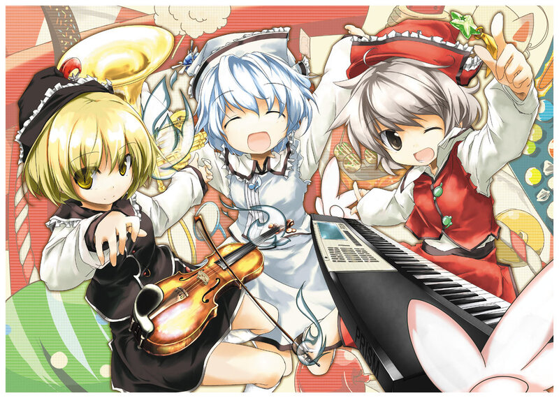 Three Anime Girls with Instruments — White, Joyful