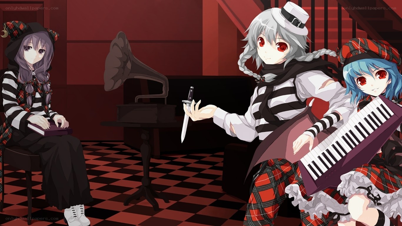 Three anime girls with instruments