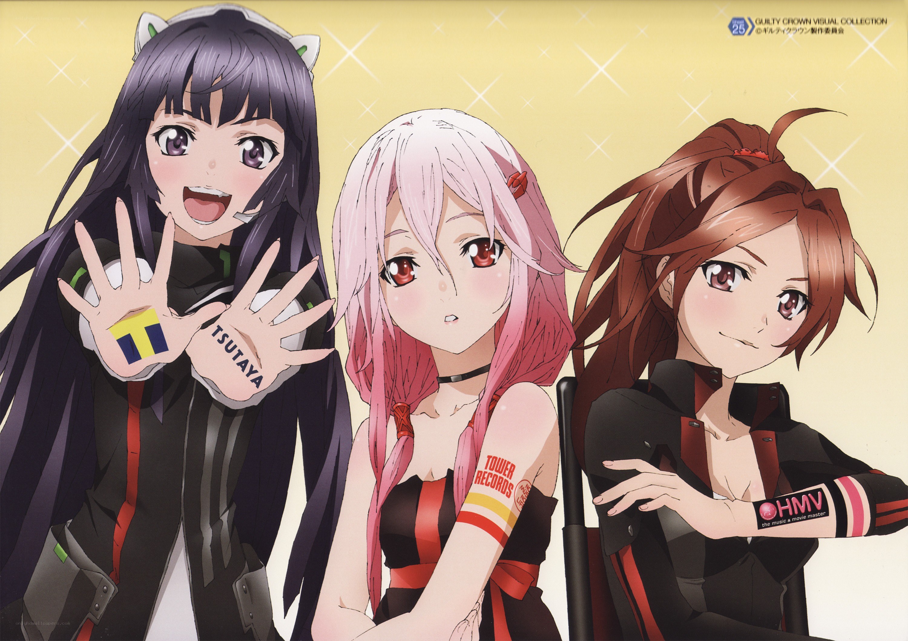 Three anime girls with logos
