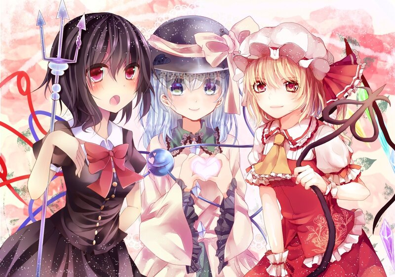 three anime girls with magical items