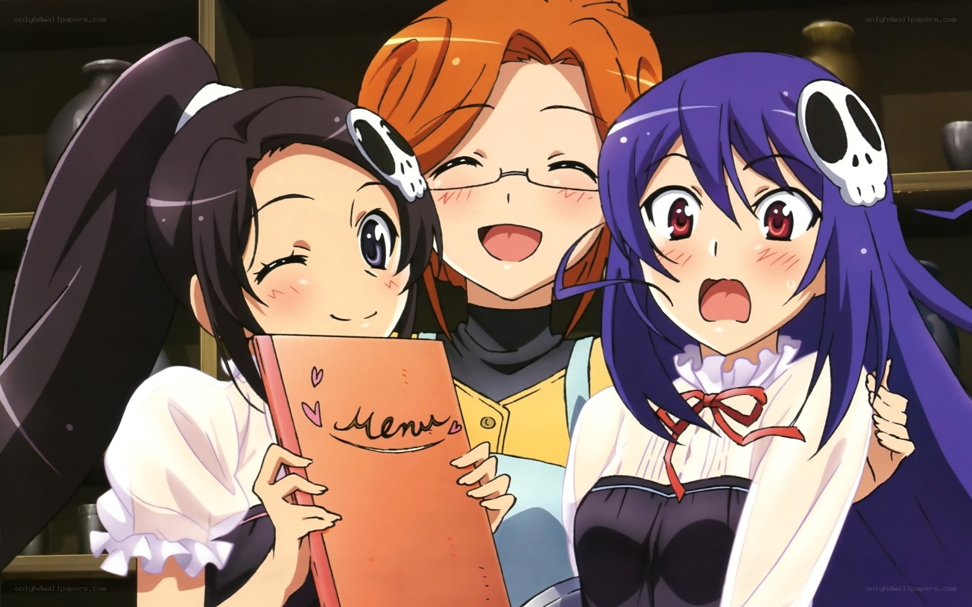 Three anime girls with menu