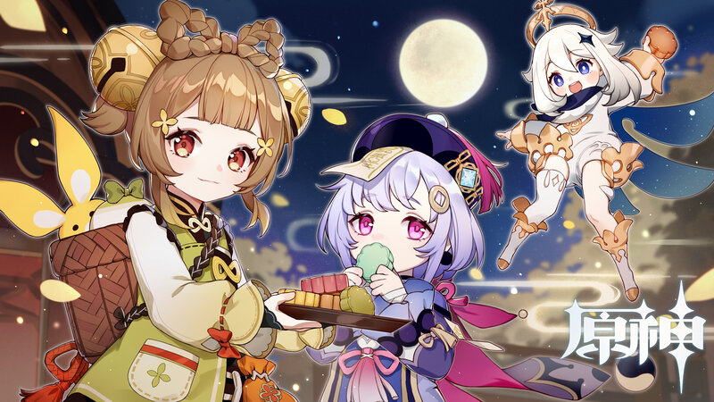 Three Anime Girls with Moon