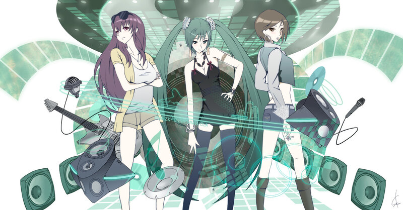 three anime girls with music gear