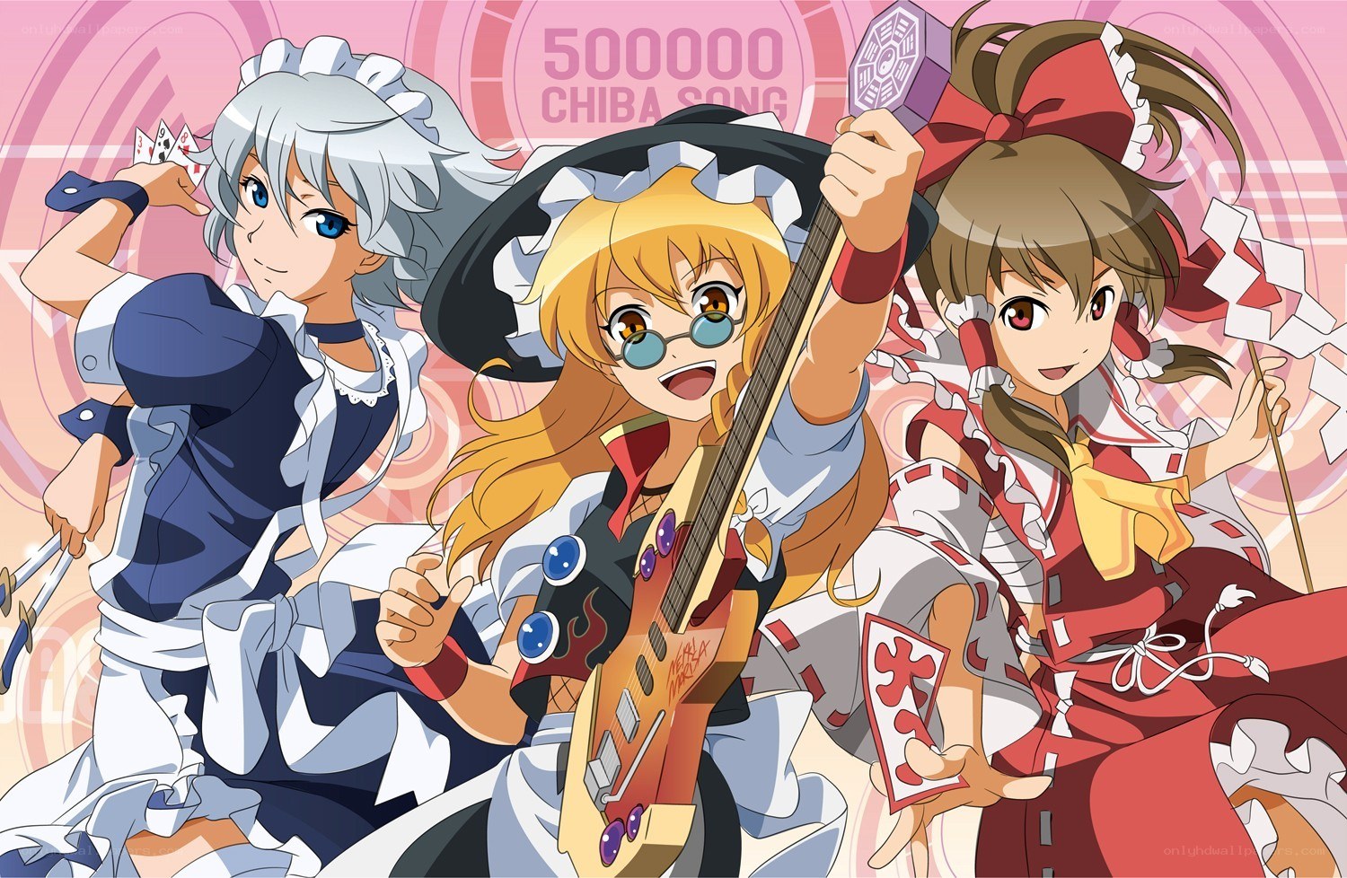 Three anime girls with musical instruments