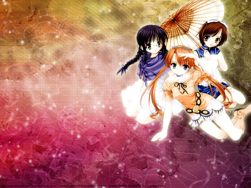 Three anime girls with parasol
