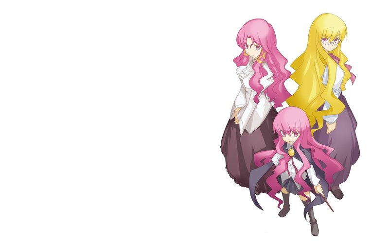 three anime girls with pink and yellow hair