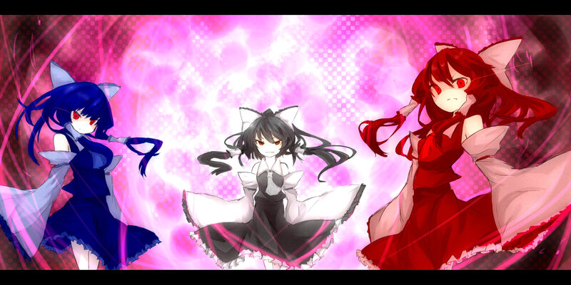 three anime girls with red eyes