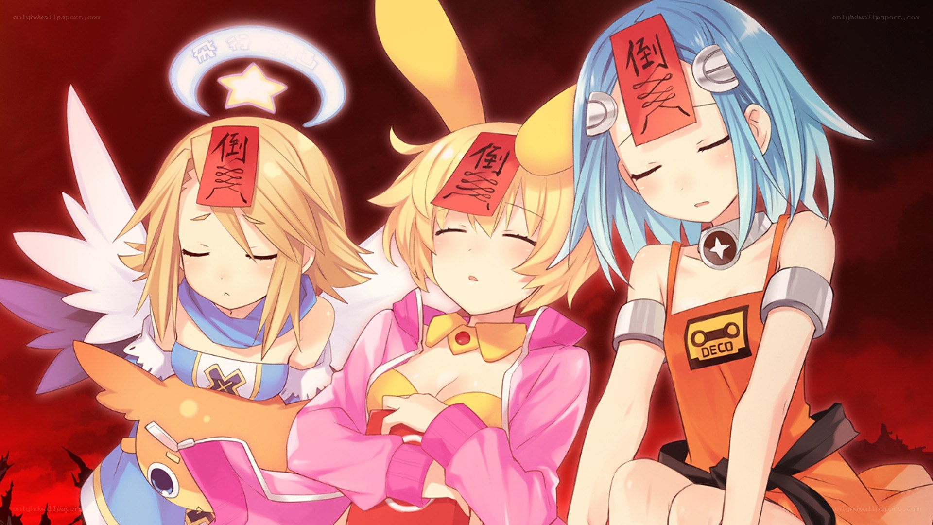 Three anime girls with red tags