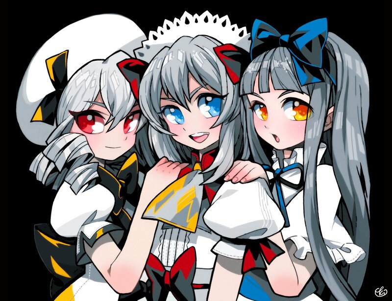 Three anime girls with silver hair