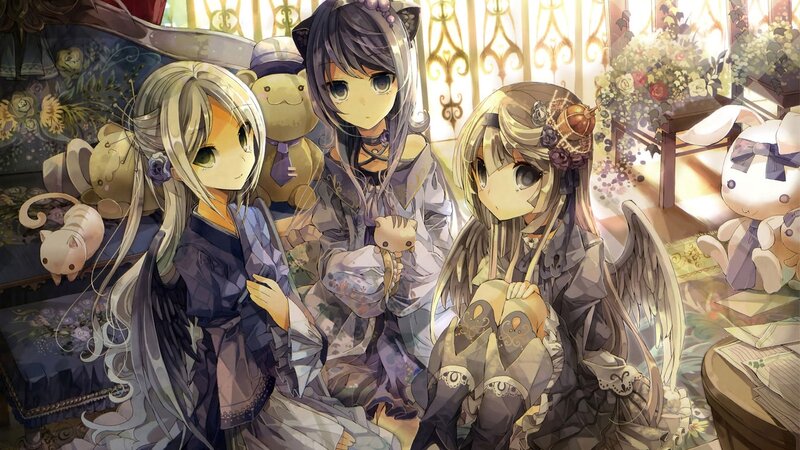 Three Anime Girls with Stuffed Animals