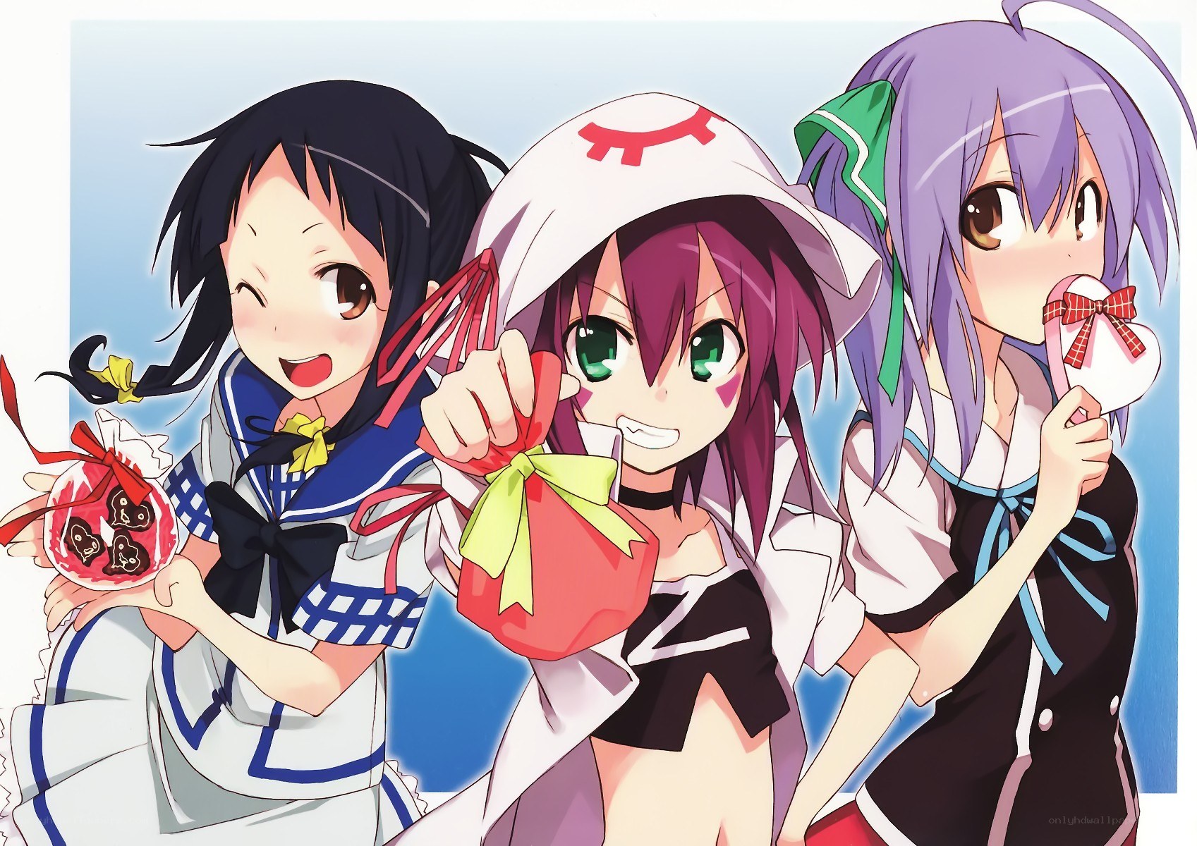 Three anime girls with sweets