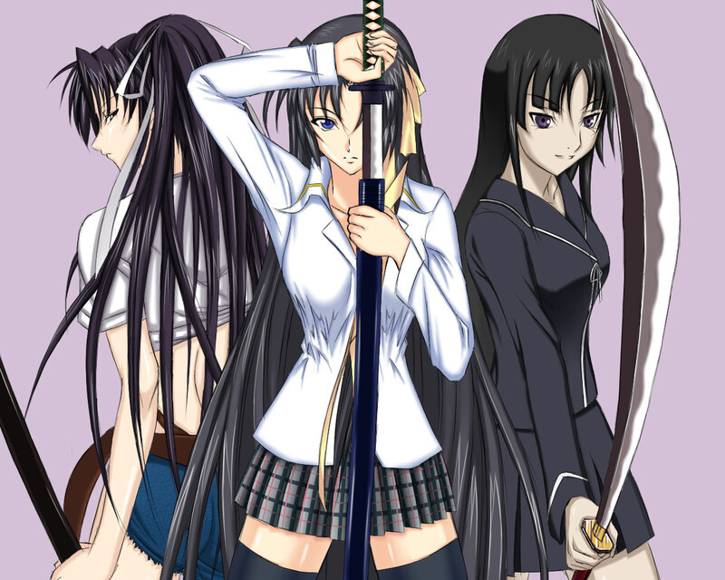 Three anime girls with swords