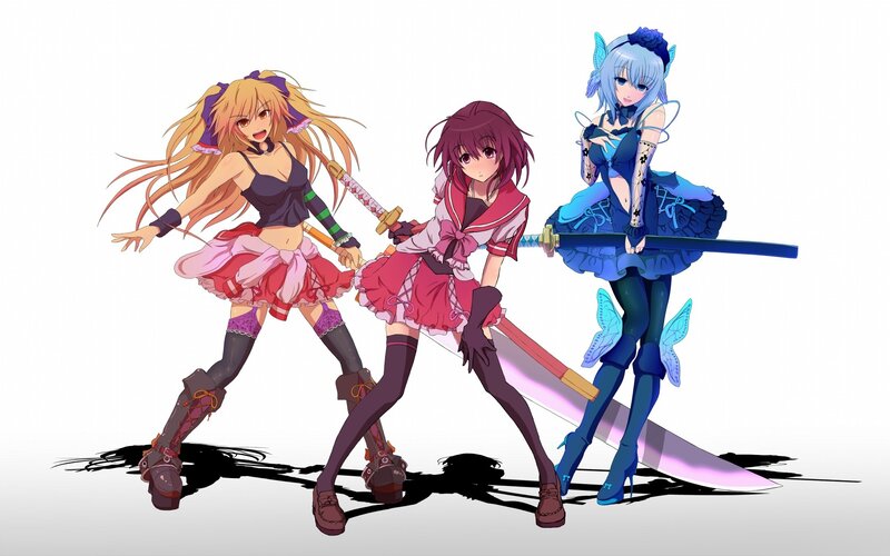 three anime girls with swords