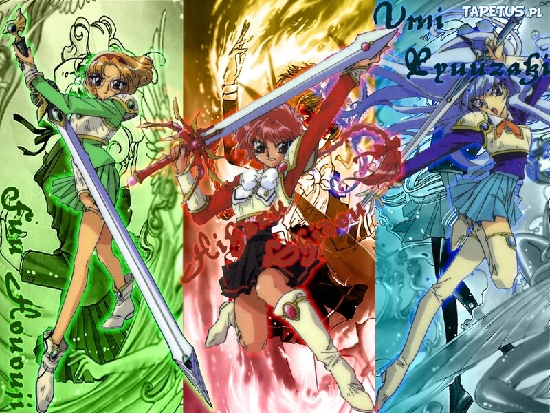 Three Anime Girls with Swords — Green