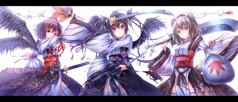 Three Anime Girls with Swords — Purple