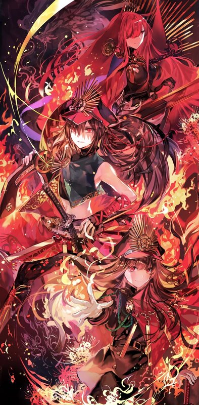 Three Anime Girls with Swords — Red, Dramatic