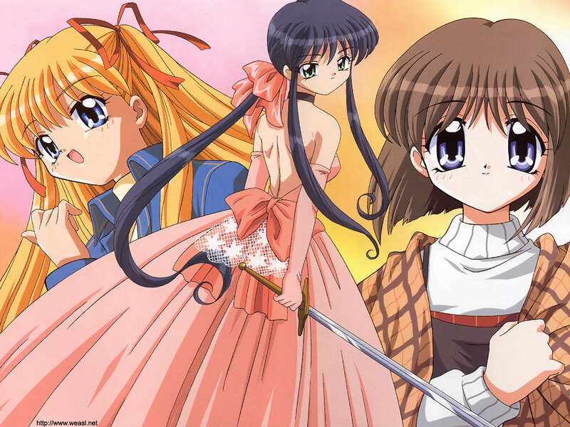 Three anime girls with swords